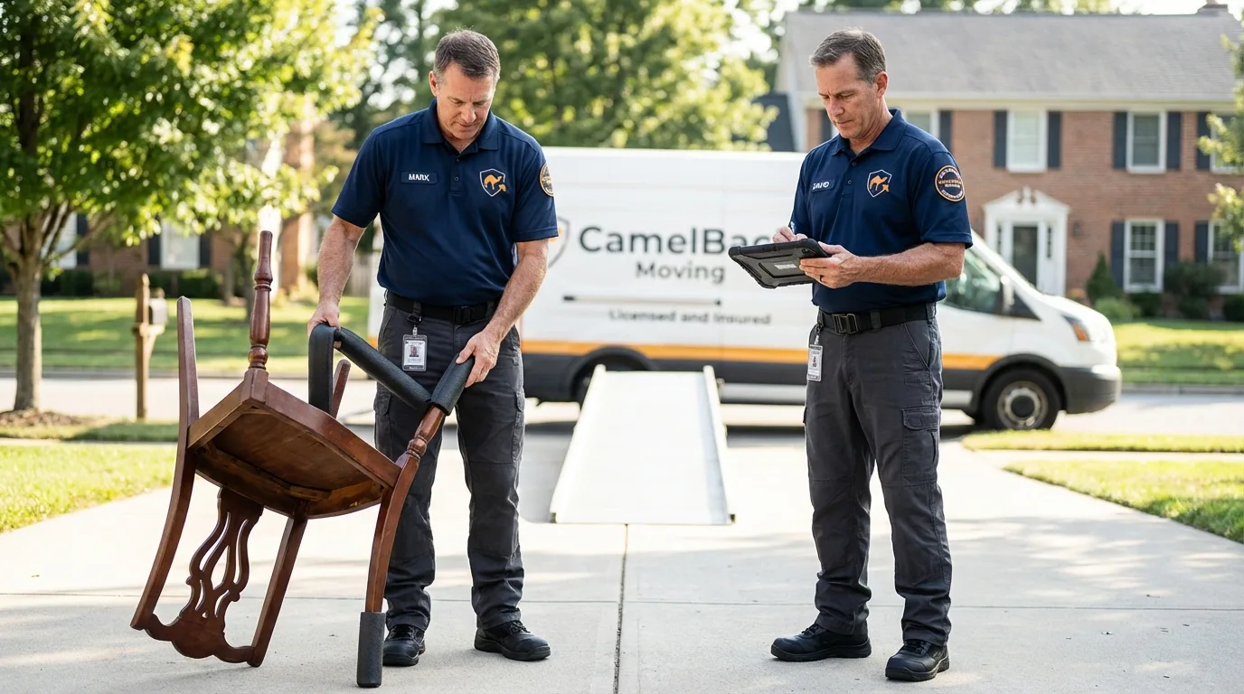 Movers inspecting furniture for damage prevention before loading in Chatsworth, IL