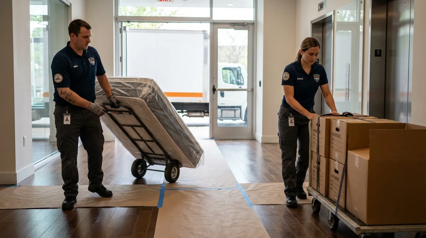 Professional apartment movers loading elevator in Chatsworth, IL